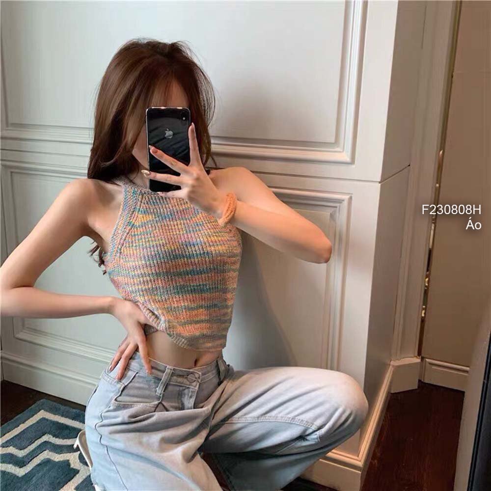 Áo len croptop siêu xinh loang màu cổ yếm hàng QC