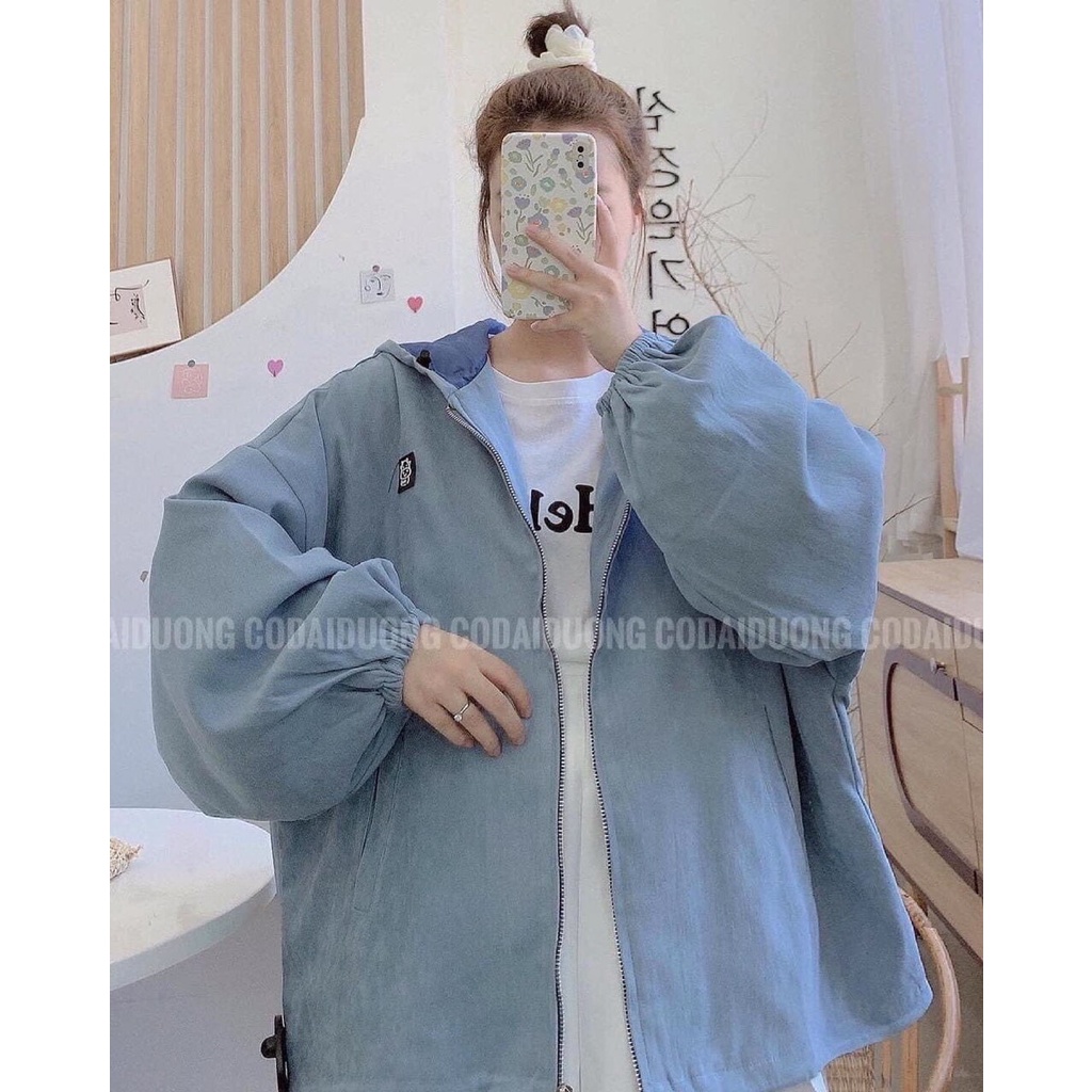 Áo khoác nhung có mũ họa tiết logo phối khóa tròn ulzzang/ Áo khoác nữ mặc thu đông tay bồng dáng rộng unisex | BigBuy360 - bigbuy360.vn