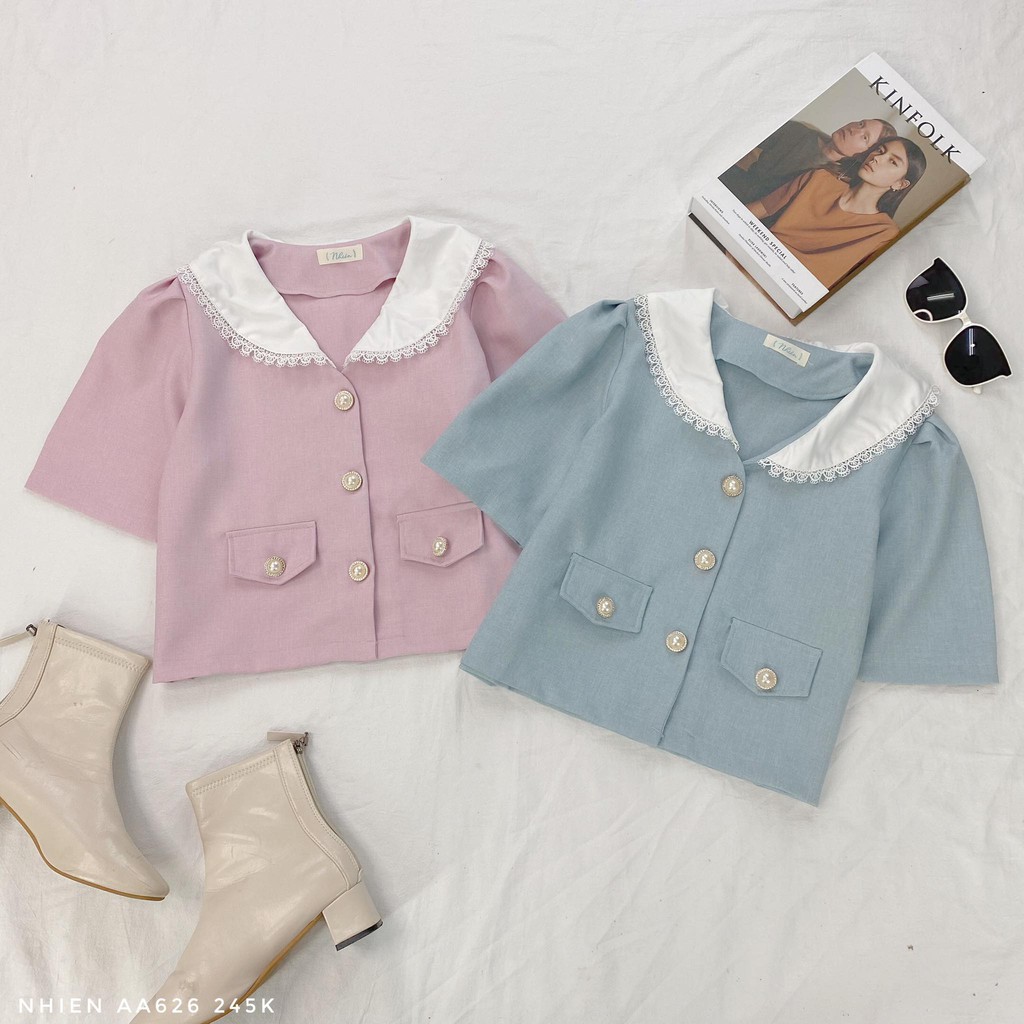 Áo kiểu nữ Nhiên vintage cổ sen có nút AA626
