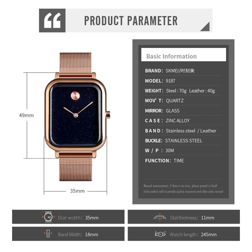 Đồng Hồ Thời Trang SKMEI 9187 Mặt Vuông Với Dây Đeo Bằng Thép Chống Nước Dành Cho Cặp Đôi