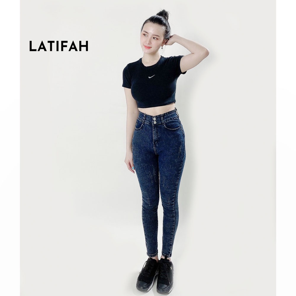 Quần jeans nữ co giãn LATIFAH cạp siêu cao mài xước màu đen xám QD038 phong cách trẻ trung năng động