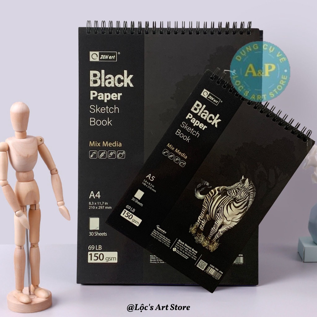 [Lộc's Art Store] Sổ Vẽ Phác Thảo Giấy Đen Gáy Lò Xo ZEN ART - Black Paper Sketch Book ZEN ART (Các Size)