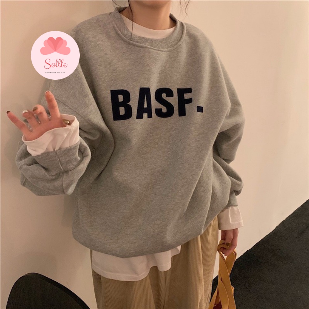 Áo nỉ sweater lót bông ấm đẹp form rộng unisex oversize in chữ BASF Hàn Quốc Sollle