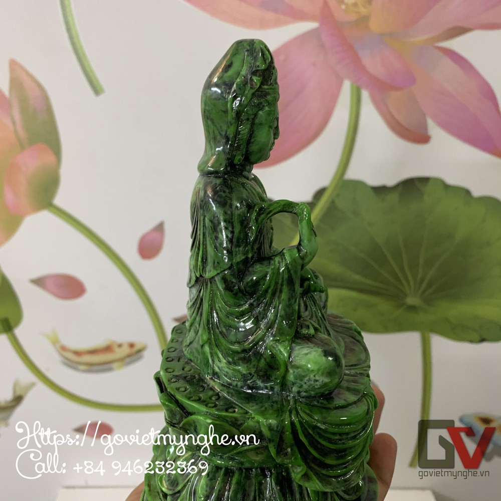 Tượng đá Phật Bà Quan Thế Âm Bồ Tát ngồi tòa sen - Chiều cao 20cm - Màu xanh lục bích