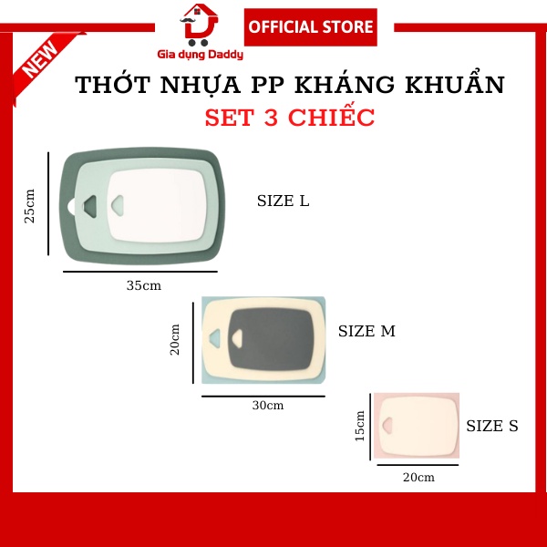 Thớt nhựa kháng khuẩn Daddy, Combo 3 kích thước 3 màu ngẫu nhiên Mặt thớt chống xước chống trơn trượt Dễ dàng vệ sinh