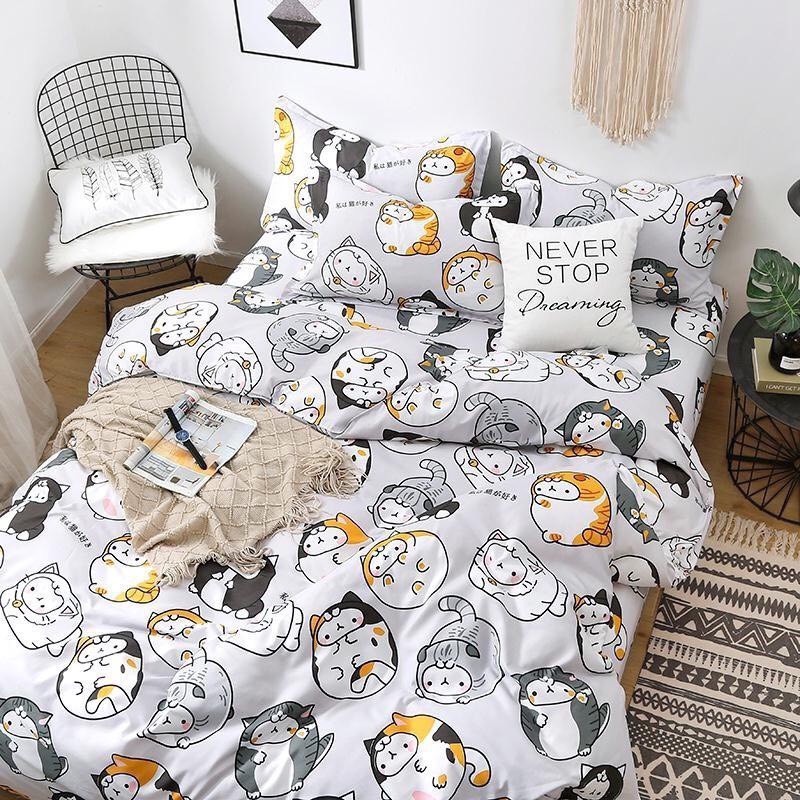 Bộ Chăn Ga Gối Cotton Poly Chăn Chần Bông Mèo Bạc