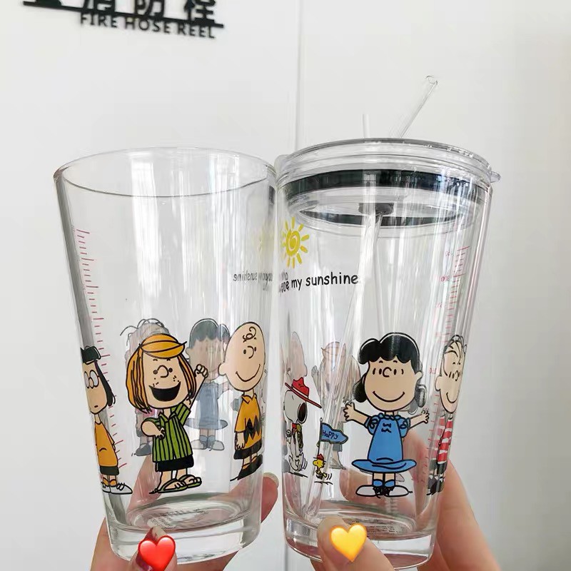 (24h delivery) W&amp;G Han Feng Ins lovely Ruby Cartoon Charlie glass milk glass juice heat resistant high temperature graduated water glass boiling water