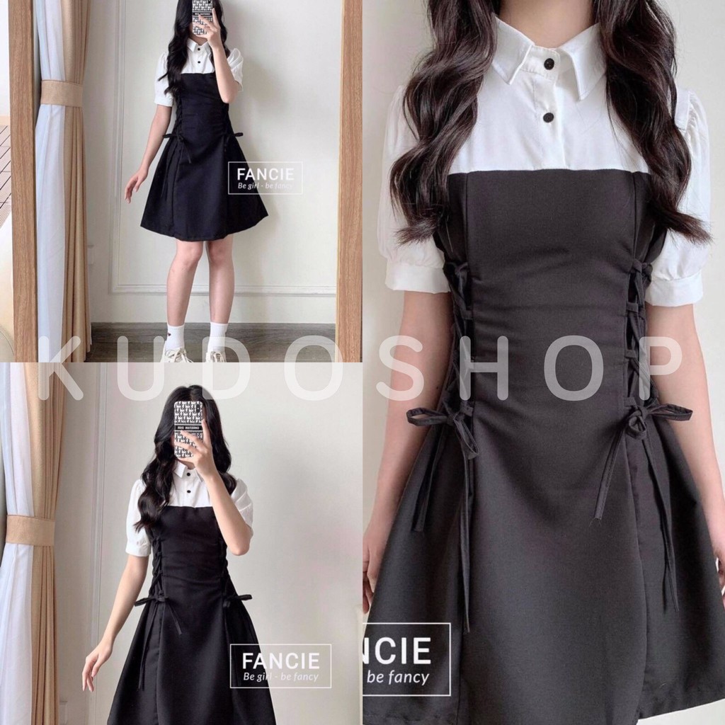 Váy phối sơ mi cổ bẻ tay lỡ đan dây eo dáng xòe tiểu thư/ Đầm suông nữ phối cúc cổ trẻ trung cá tính_kudoshop