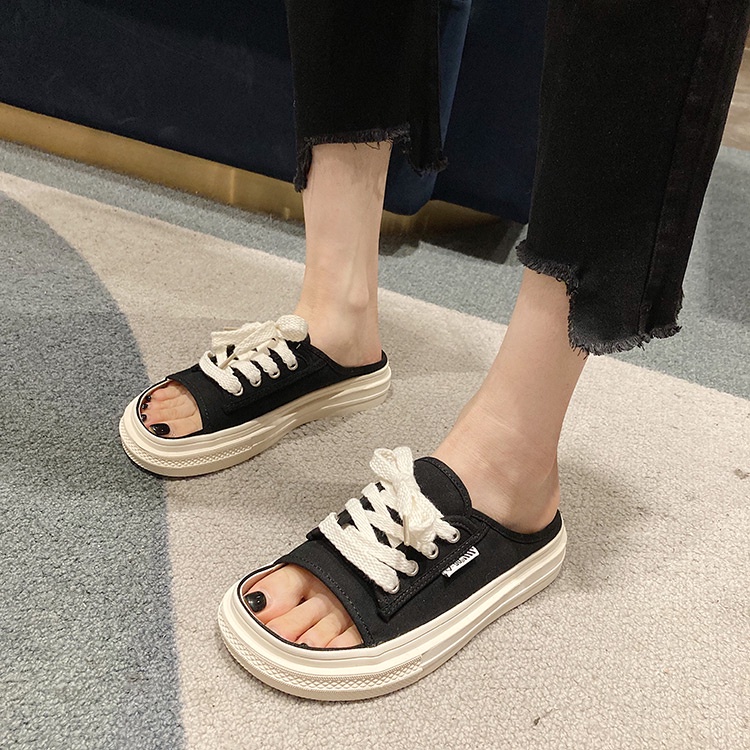 Giày hở mũi, dép sục nữ dây buộc hở mũi đế bánh mì hai màu đen, kẻ caro size 35-39