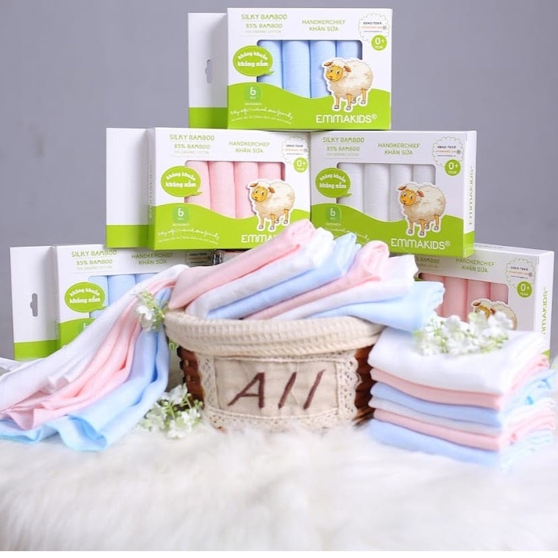 Khăn sữa sợi tre Emmakids - hộp 6 cái kích thước 30x30cm, 70% sợi tre và 30% cotton