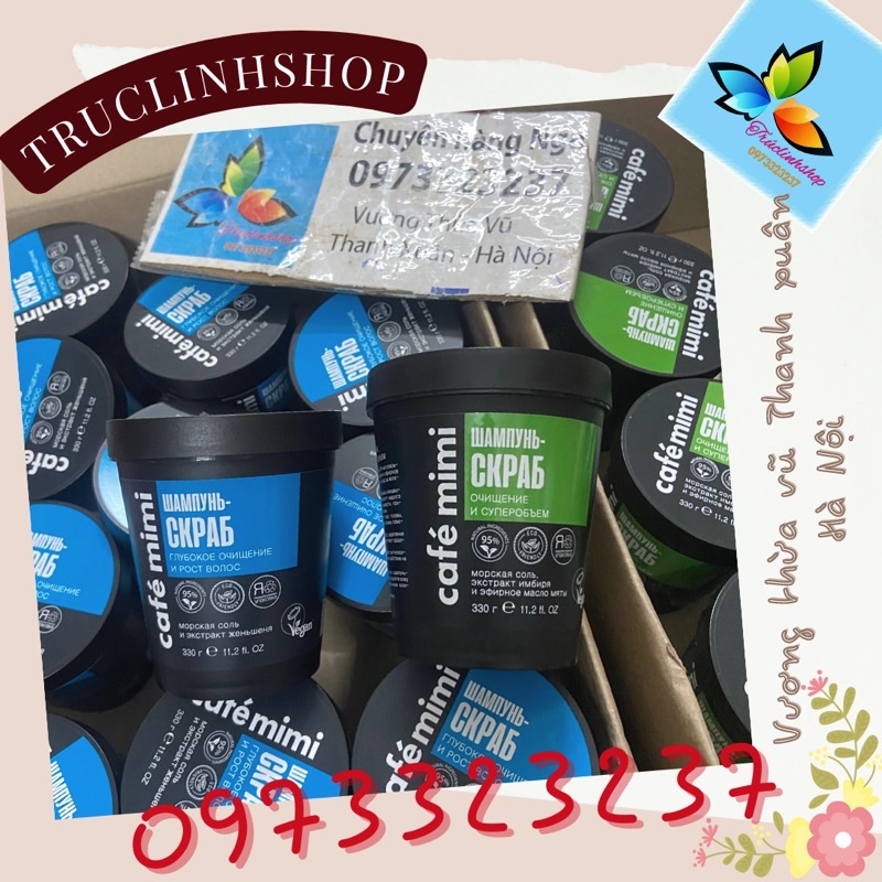 Dầu gội tẩy da chết Cafe Mimi Shampoo Scrub Super Volumn Cleansing màu xanh lá dành cho tóc dầu đến siêu dầu 330 ml