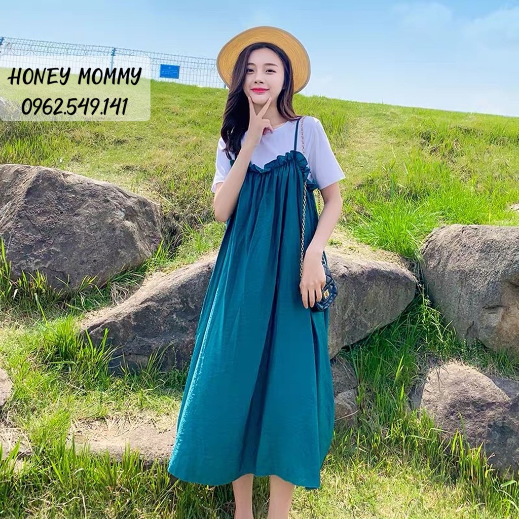 Đầm Bầu Váy Bầu Yếm 2 Dây Dáng Xòe Mùa Hè Ngắn Tay Dáng Dài Đi Chơi Đi Làm HD2618 Honey Mommy