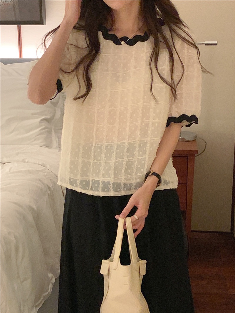 Áo Voan Cổ Tròn Phối Ren Ngắn Tay Thời Trang Hàn Quốc Sành Điệu 53884