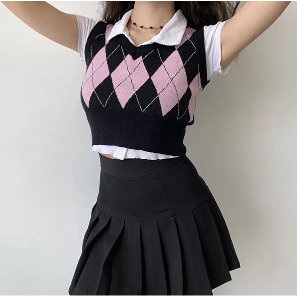 Porozi  Áo len không tay cổ chữ V họa tiết hình thoi cho nữ