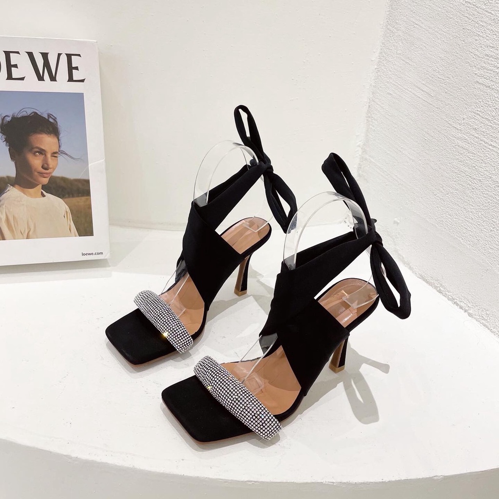Giày Sandal dây quấn cao 9P chất da nỉ nhung cao cấp phối quai đá kiểu dáng sang chảnh - Giày cao gót chiến binh nữ