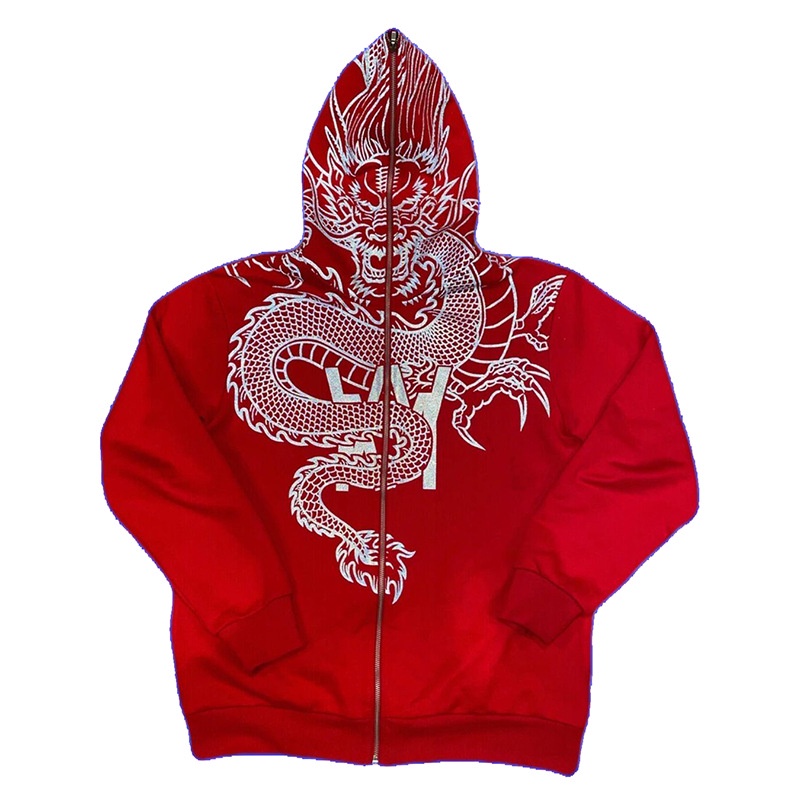 Áo khoác hoodie MMIOT Y2K tay dài phối khóa zip đính đá in họa tiết rồng phong cách hip hop thể thao
