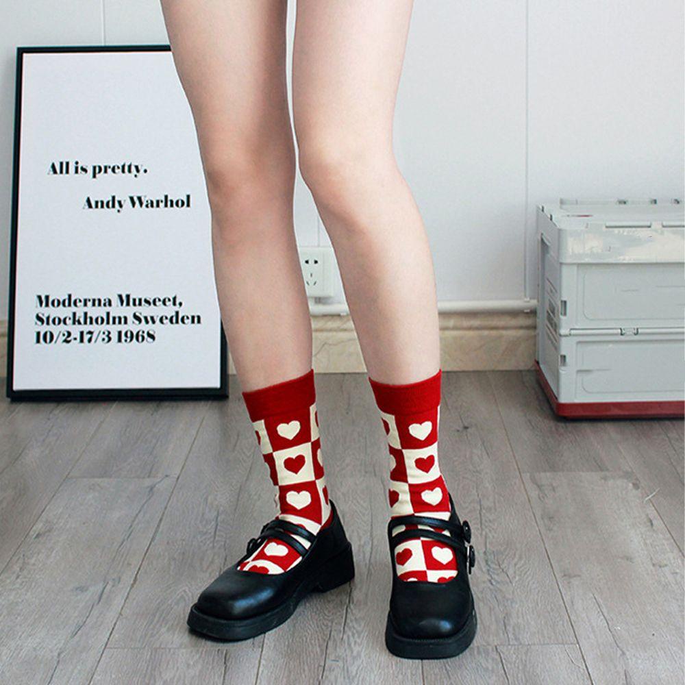 Vớ Cotton Màu Đỏ Họa Tiết Chấm Bi / Trái Tim Ngọt Ngào Thời Trang Cho Nữ