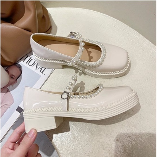 Giày Lolita Ulzzang Vintage, Giày Mary Jane Mũi Vuông Đính Ngọc Phần Viền Và Quai Đế Cao 5cm Hàn Quốc-Iclassy_shoes