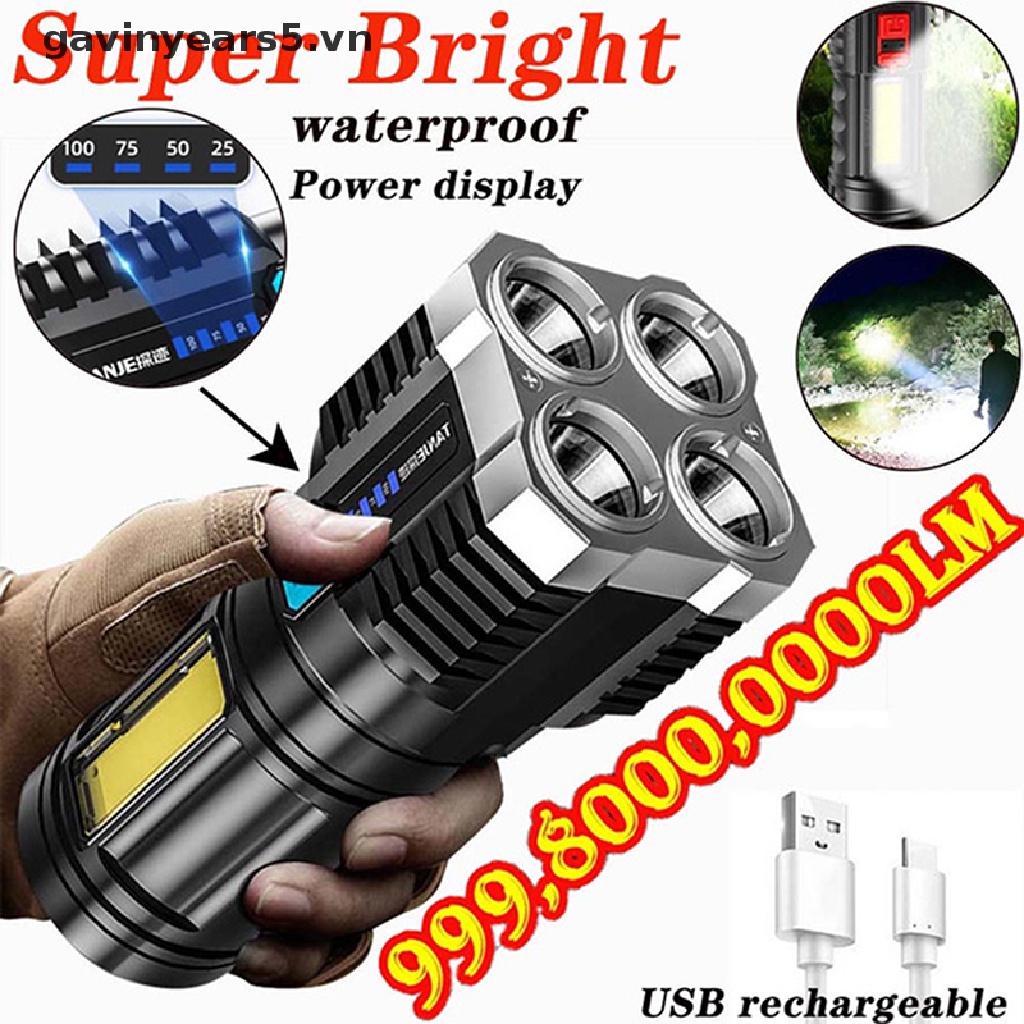 Đèn Pin 4 Đầu Sạc USB Có Màn Hình Hiển Thị Nguồn Điện Tiện Dụng