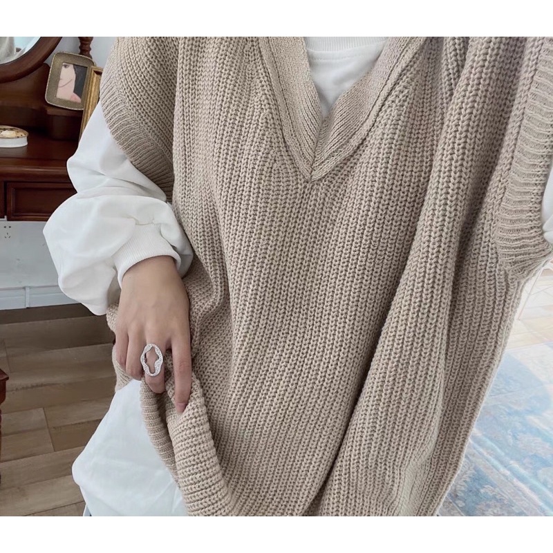 Áo len gile  + Áo Thun dài tay dáng rộng cổ áo len chữ V thời trang Hàn Quốc order Taobao 2021