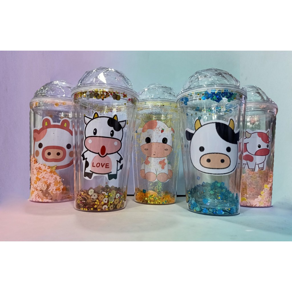 cốc 2 lớp bò sữa kim tuyến CNKI34 cốc giữ nhiệt ly 2 lớp cốc làm lạnh dễ thương 500ml