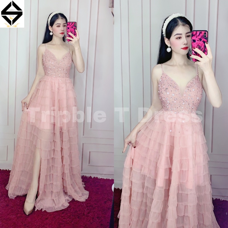 Đầm maxi 2 dây xếp xếp tâng kết kim sa sang trọng xẻ đùi TRIPBLE T DRESS - SIZE M/L - MS268V