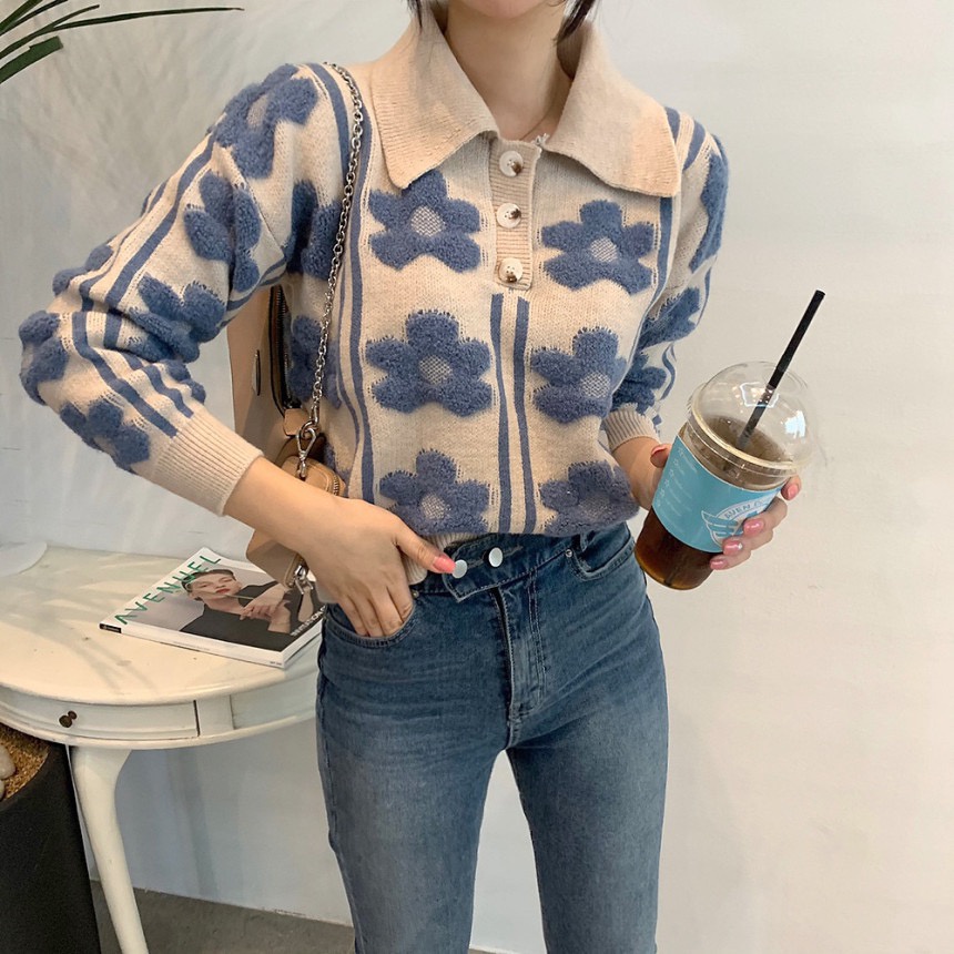 Áo sweater dệt kim tay dài in hoa ba chiều phong cách Pháp cổ điển