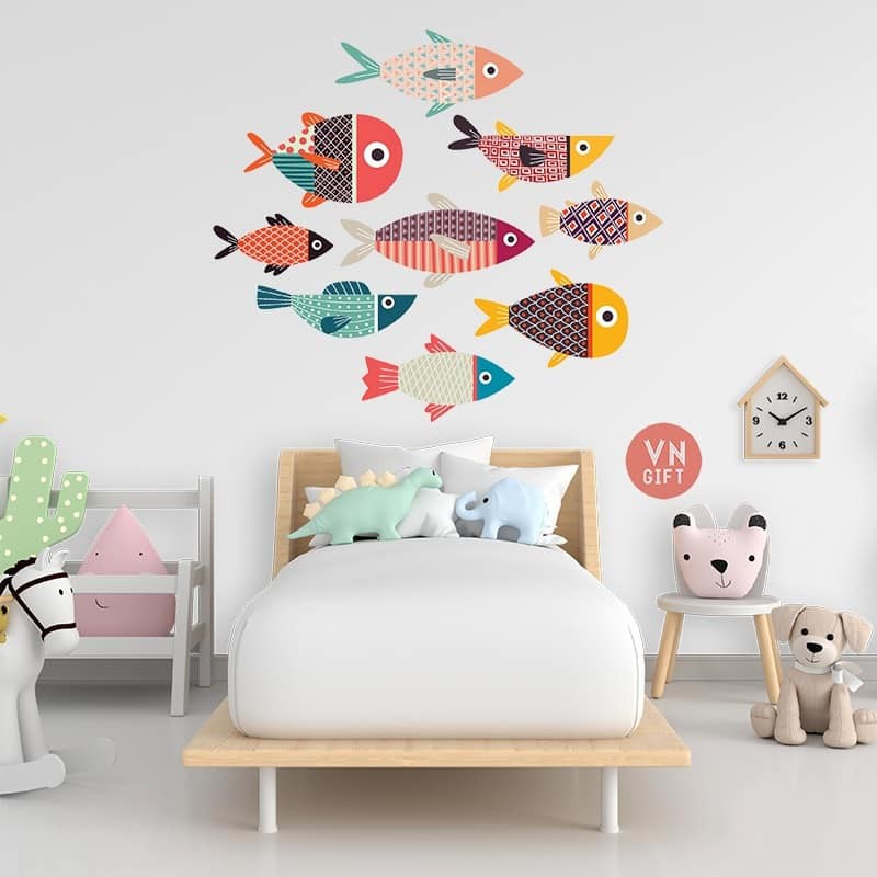 Bộ cá gỗ decor dán tường trang trí phòng ngủ, phòng khách cho bé gắn sẵn băng dính 3M