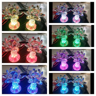 Đèn trang trí, Đôi đèn led bàn thờ sen pha lê thủy tinh đổi màu 3 chức năng cao cấp, cao 12,5cm - 17cm
