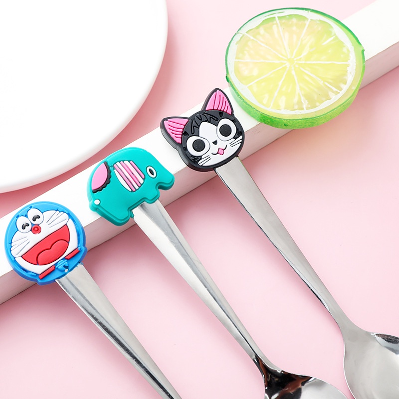 Muỗng / Nĩa / Thìa Bằng Thép Không Gỉ Tay Cầm Silicon Họa Tiết Hoạt Hình Dễ Thương Thời Trang Cho Trẻ Em