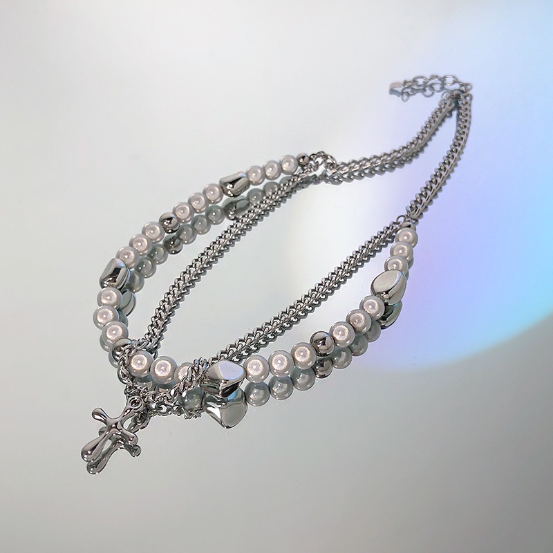 Vòng cổ Thép Titan Mặt Hình Thánh Giá Đính Ngọc Trai Phản Quang Phong Cách hip hop