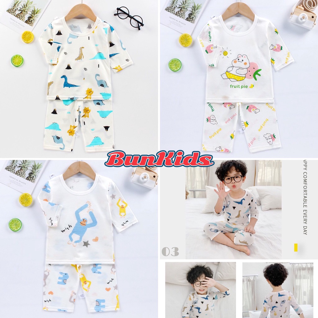 Bộ lửng cotton sợi tre, đồ bộ lửng sơi tre mặc ngủ điều hòa cho bé 12-28kg.