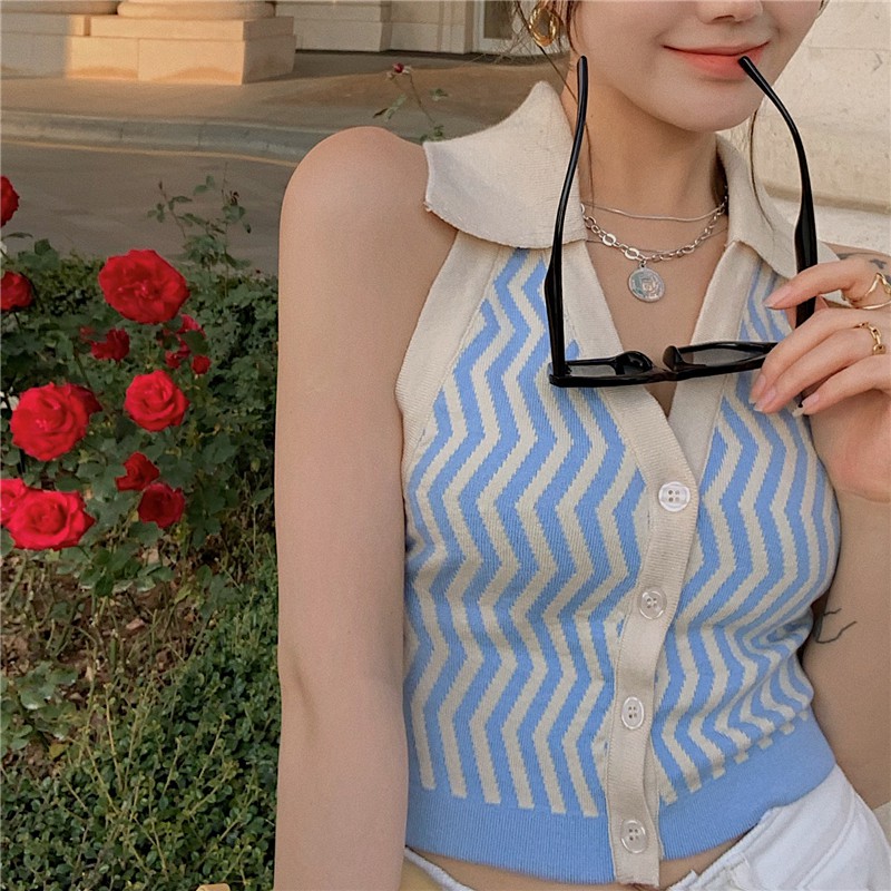 Áo Dệt Kim Cổ Yếm Phong Cách Hàn Quốc Xinh Xắn Dành Cho Nữ