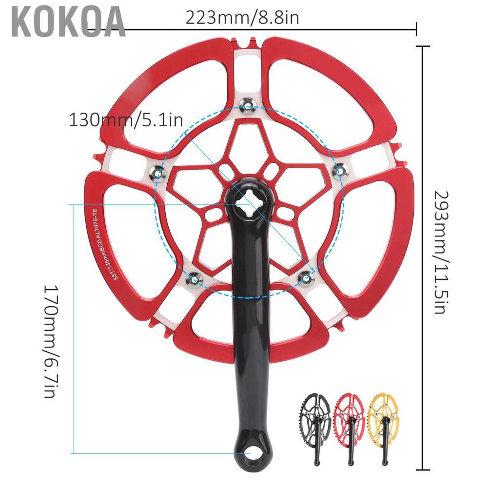 Kokoa 170mm Bike Crankset Aluminium Alloy 53T Single Speed Crank Arm Chainwheel Accessory