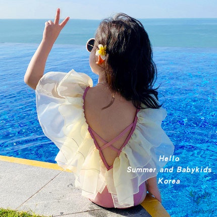 Bộ Đồ Bơi Một Mảnh Hở Lưng Phối Lưới Phong Cách Hàn Quốc Ngọt Ngào Cho Bé Gái