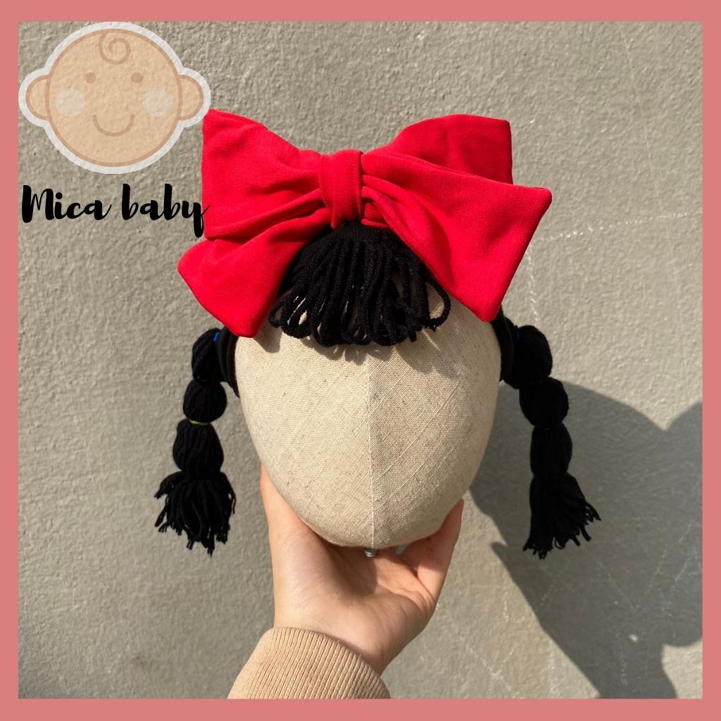 Băng đô, turban tóc giả buộc dài thắt nơ đỏ đáng yêu cho bé Mica baby BD43