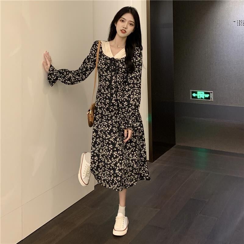 COZOK Đầm Tay Dài Họa Tiết Hoa Phong Cách Vintage