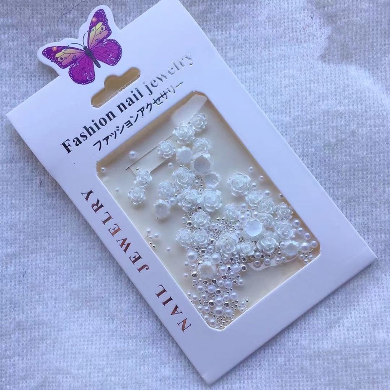 phụ kiện hoa hồng mix bi gắn móng tay nail 3 màu