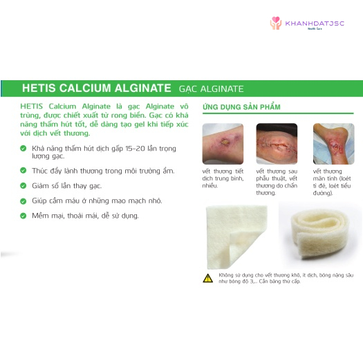 Gạc vô trùng HETIS Calcium Alginate thấm hút dịch cao, giải phóng ion canxi tăng khả năng cầm máu