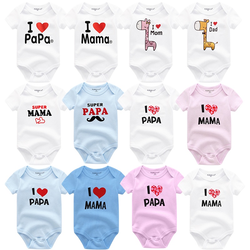 1 Bộ Áo Liền Quần 100% Cotton In Chữ I Love Papa & Mama Dành Cho Bé Trai Gái