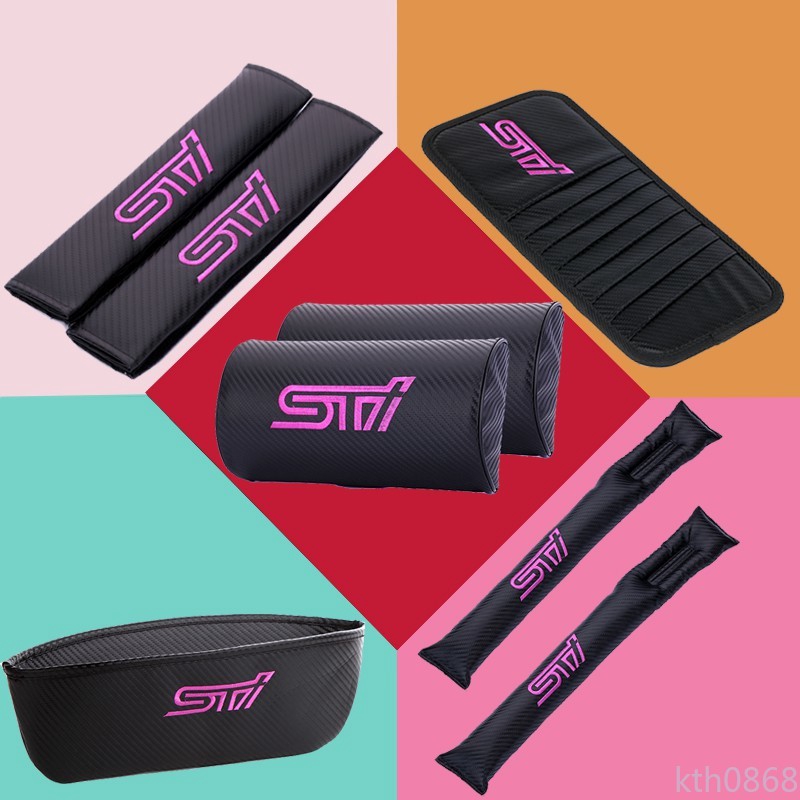 In stock Subaru STI Carbon Fiber Car Seat Neck Headrest Safety Belt Pad Cover Shoulder Pad Gap Leak-Proof Slit Plug Sun Visor CD Clip Catcher Box Car Steering Wheel Cover