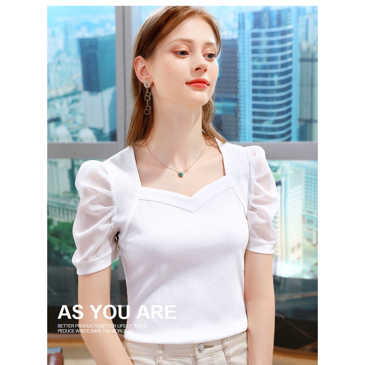 Áo Thun Tay Ngắn Phồng Cổ Chữ V Thiết Kế Mới Thời Trang Mùa Hè Cho Nữ