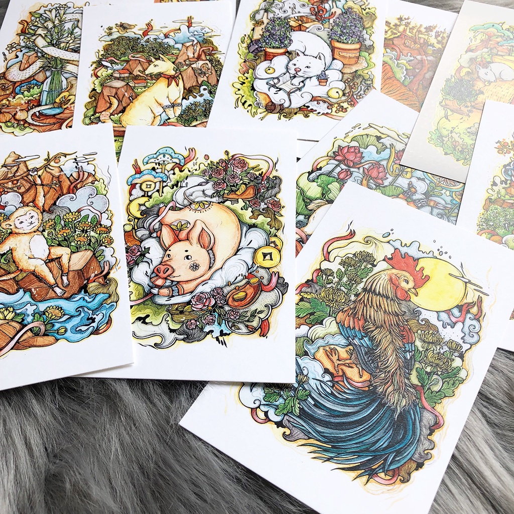 Postcard, Thiệp chúc mừng, Tranh trang trí BST Hình vẽ 12 Con Giáp Việt Nam  kèm bao thư Kraft