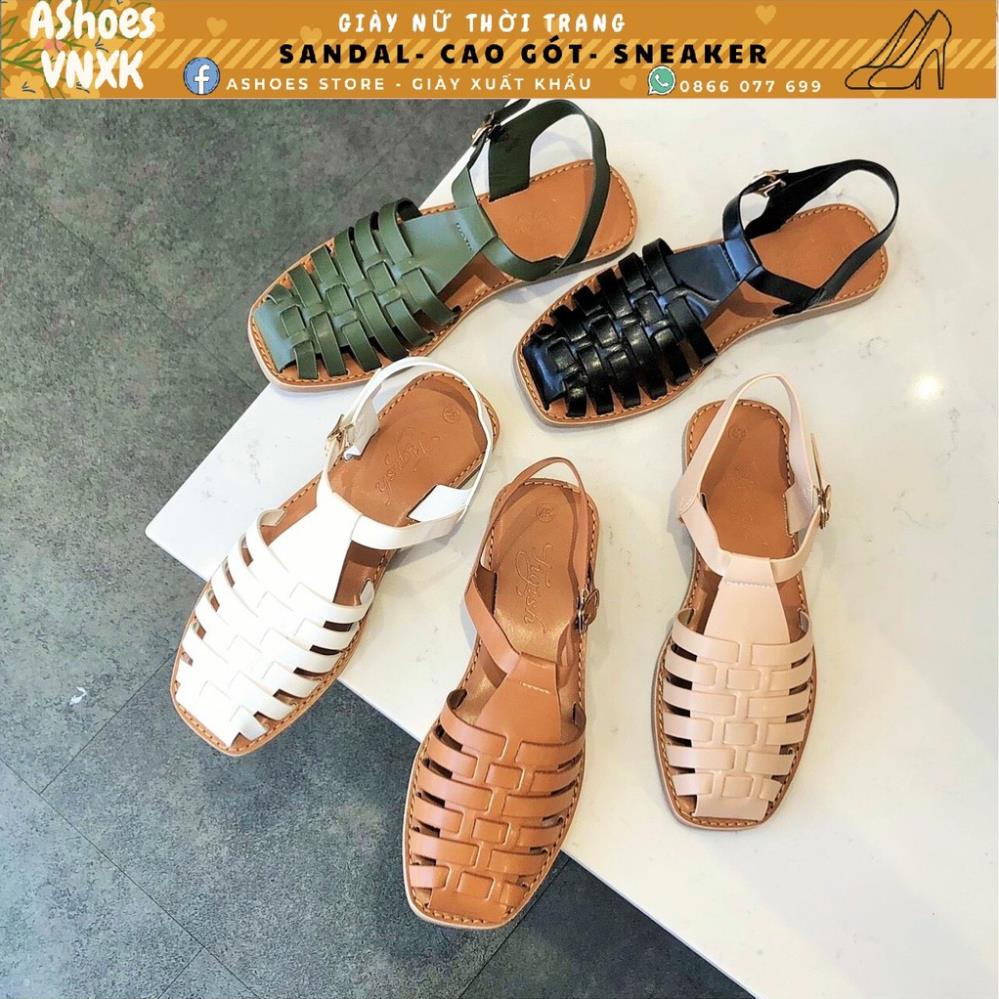 Giày sandal rọ nữ nền nâu bít mũi sáu dây/ sandal chiến binh đế bệt hở gót | AShoes VN