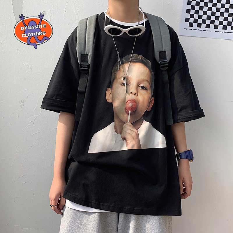 Áo thun tay ngắn cổ tròn dáng rộng in hình cậu bé thời trang mùa hè phong cách Hàn Quốc cho nam cỡ S-5XL