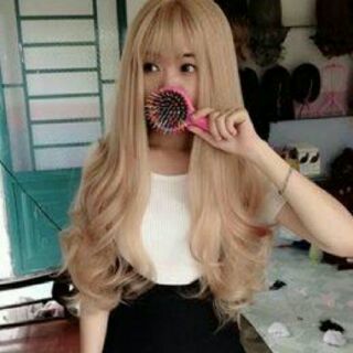 Tóc giả nguyên đầu xoăn màu vàng tây