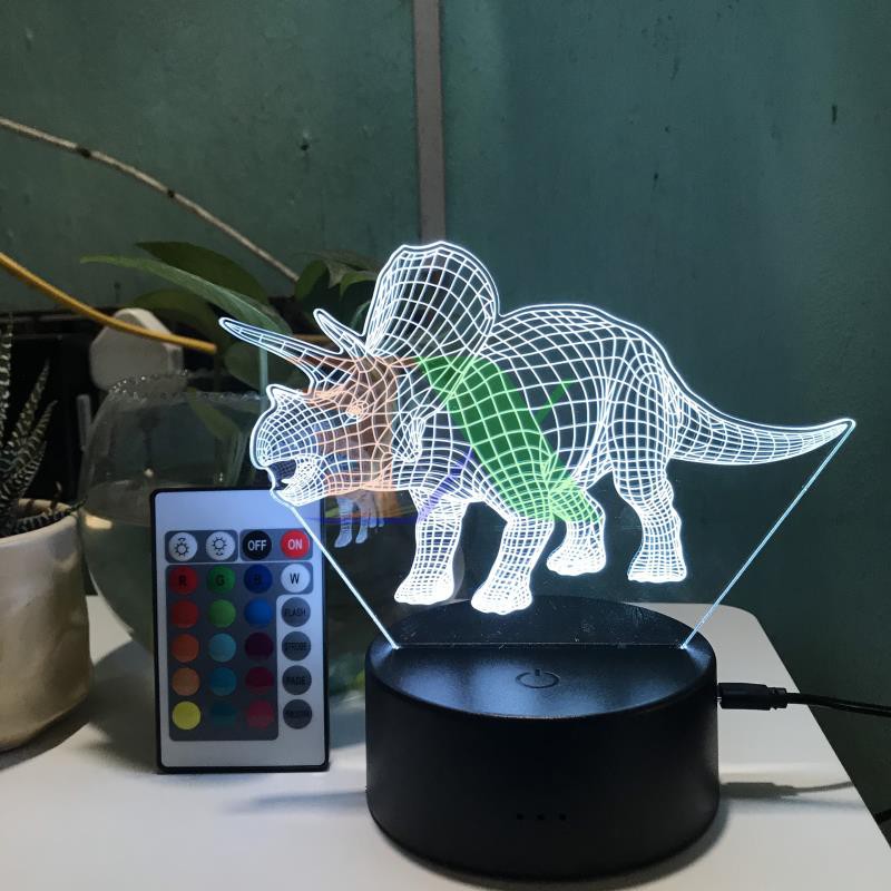 Đèn ngủ, Đèn trang trí Led 3D, Đèn ngủ 16 màu mini có điều khiển hình Khủng Long Triceratops