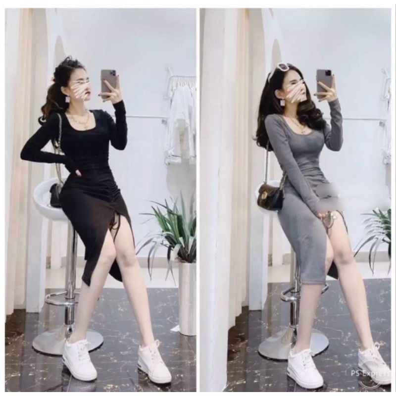 Đầm body tay dài xẻ  hot trend cao cấp (u.n.g)