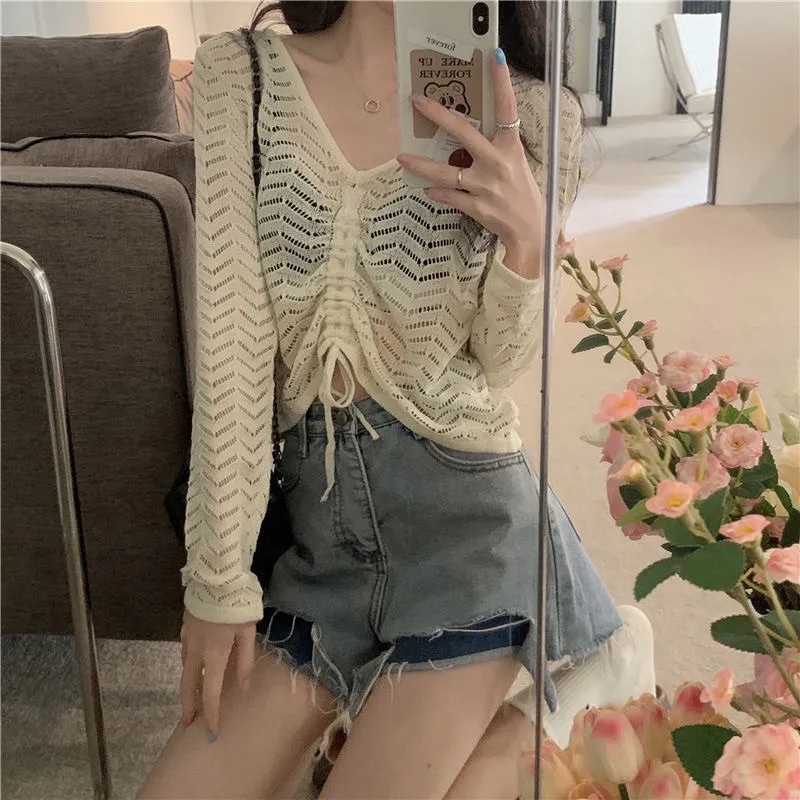 Áo Len Nữ Dài Tay Màu Nâu Trắng Đen Cổ V Rút Dây Chất Len Lưới, Áo Len Thu Đông Phong Cách Hàn Quốc Đủ Size Chất Đẹp