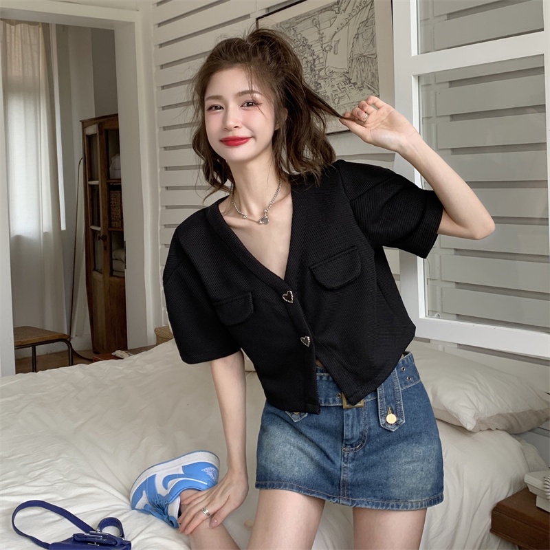 QADCOL  Áo Kiểu Tay Ngắn Phồng Cổ Chữ V Phong Cách Pháp